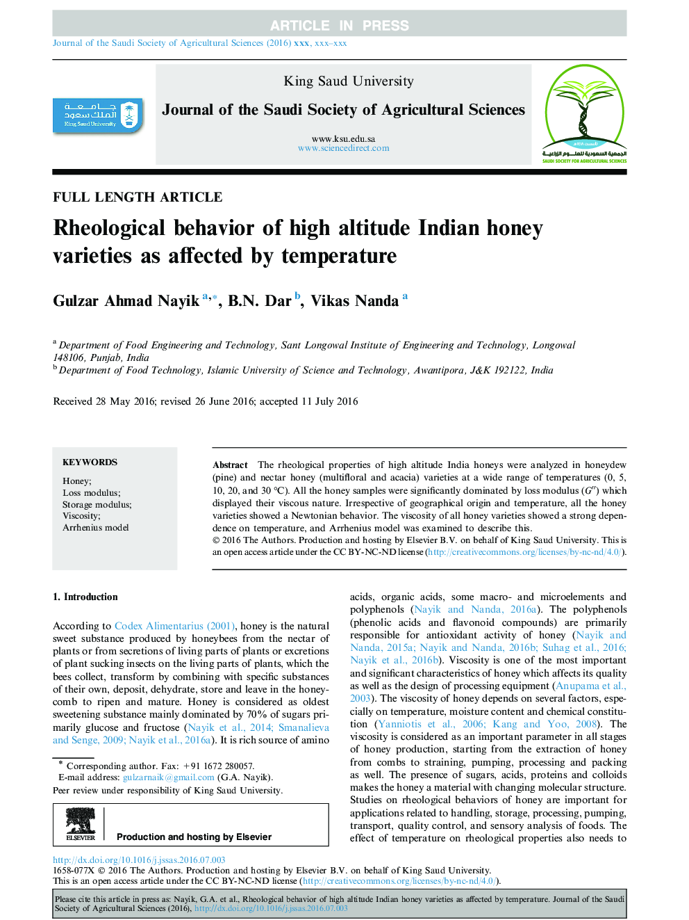 Rheological behavior of high altitude Indian honey varieties as affected by temperature