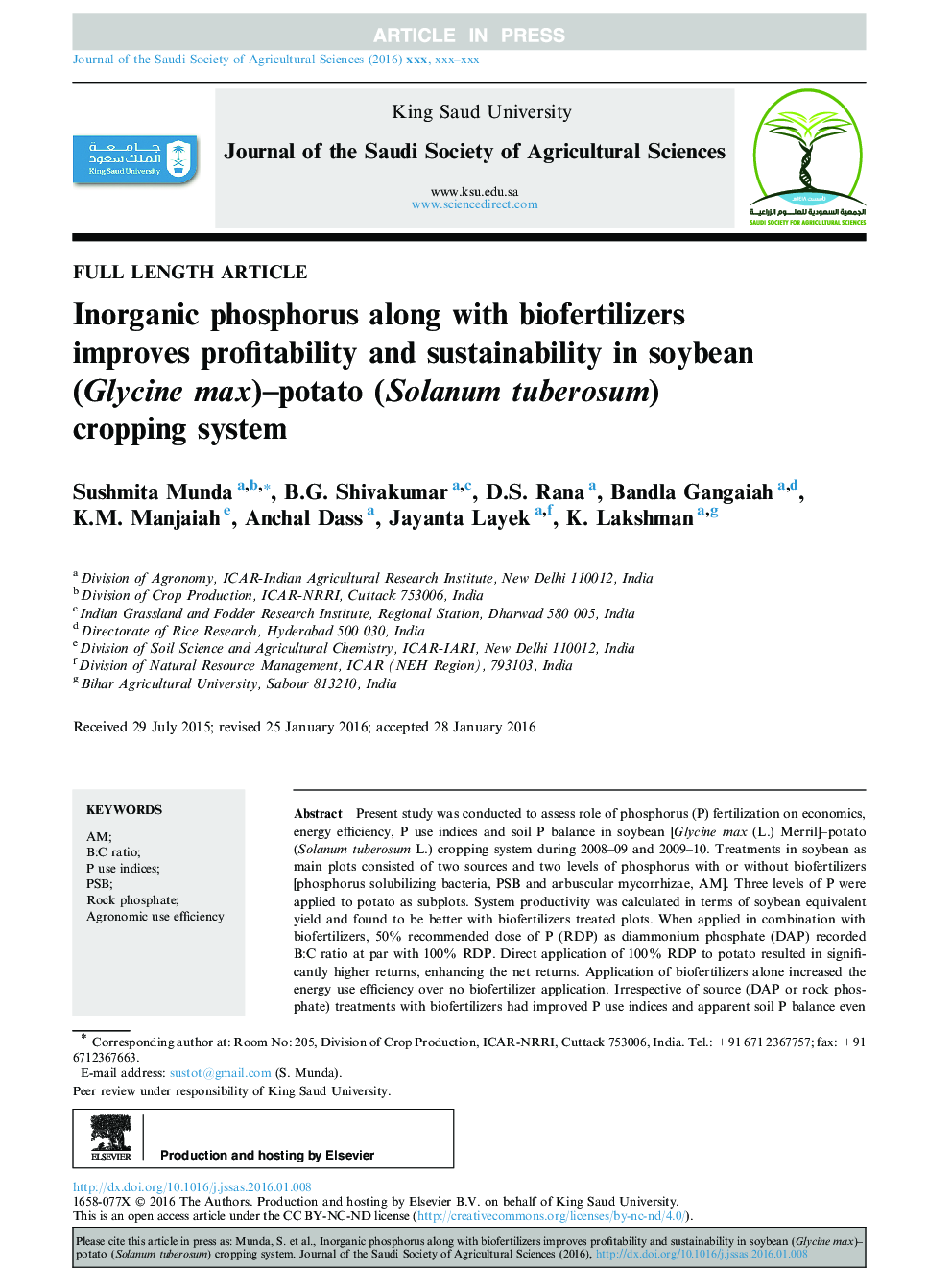 Inorganic phosphorus along with biofertilizers improves profitability and sustainability in soybean (Glycine max)-potato (Solanum tuberosum) cropping system