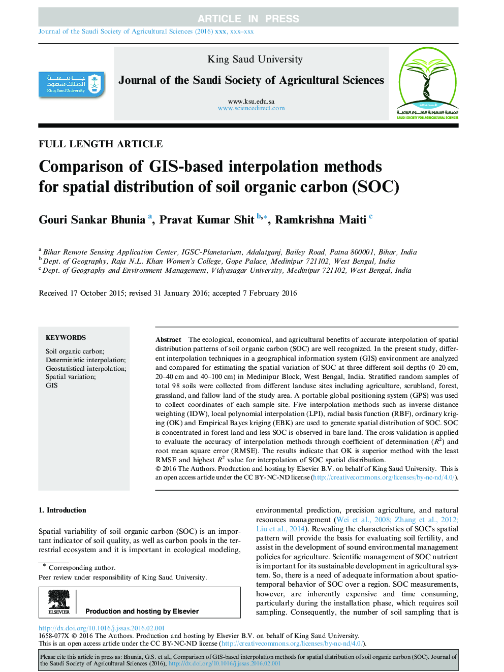 Comparison of GIS-based interpolation methods for spatial distribution of soil organic carbon (SOC)