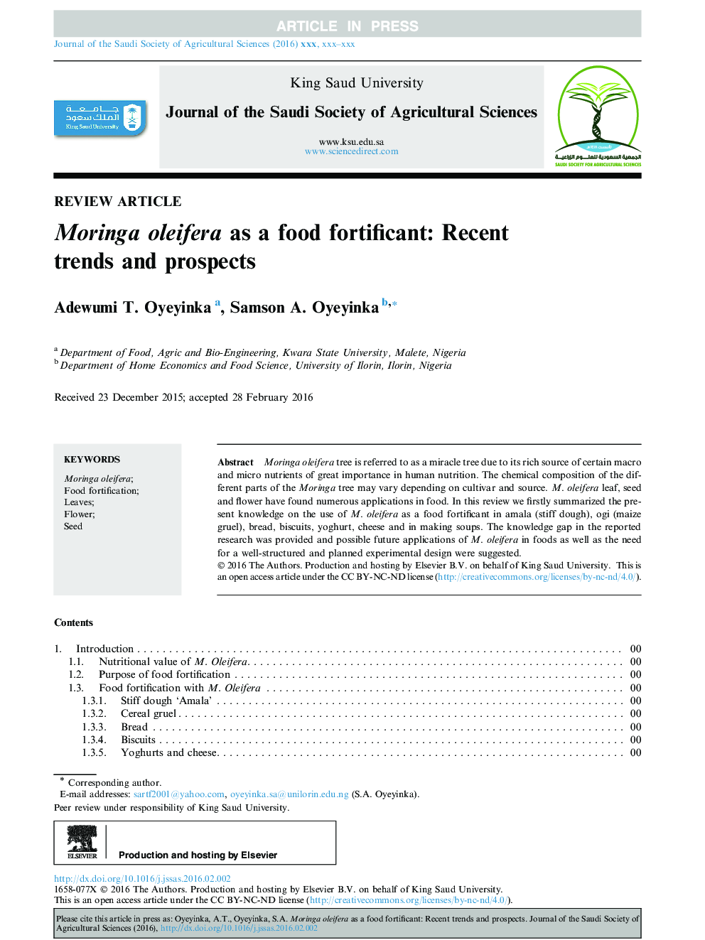 Moringa oleifera as a food fortificant: Recent trends and prospects