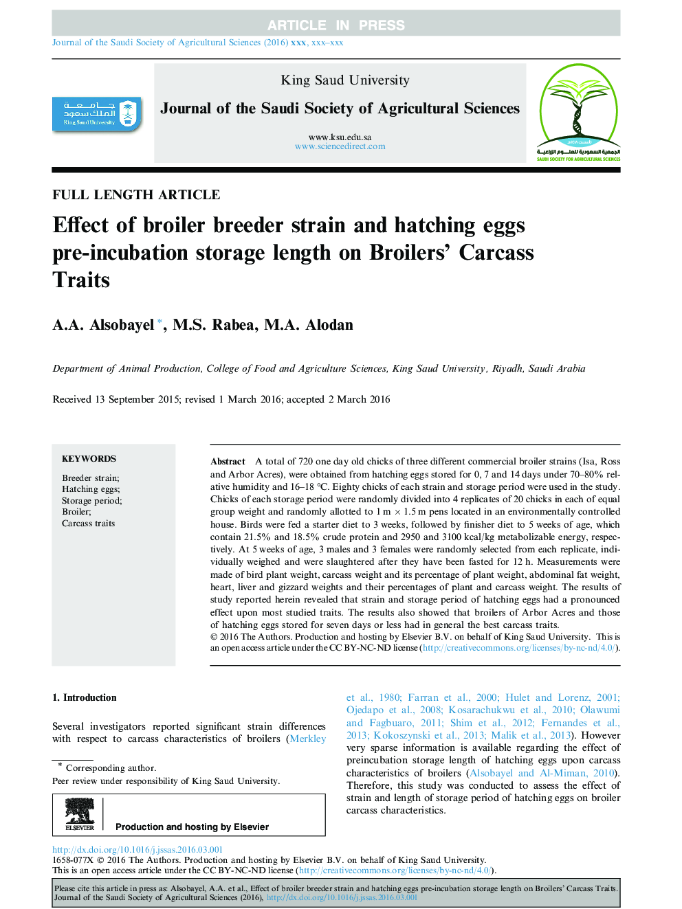 Effect of broiler breeder strain and hatching eggs pre-incubation storage length on Broilers' Carcass Traits