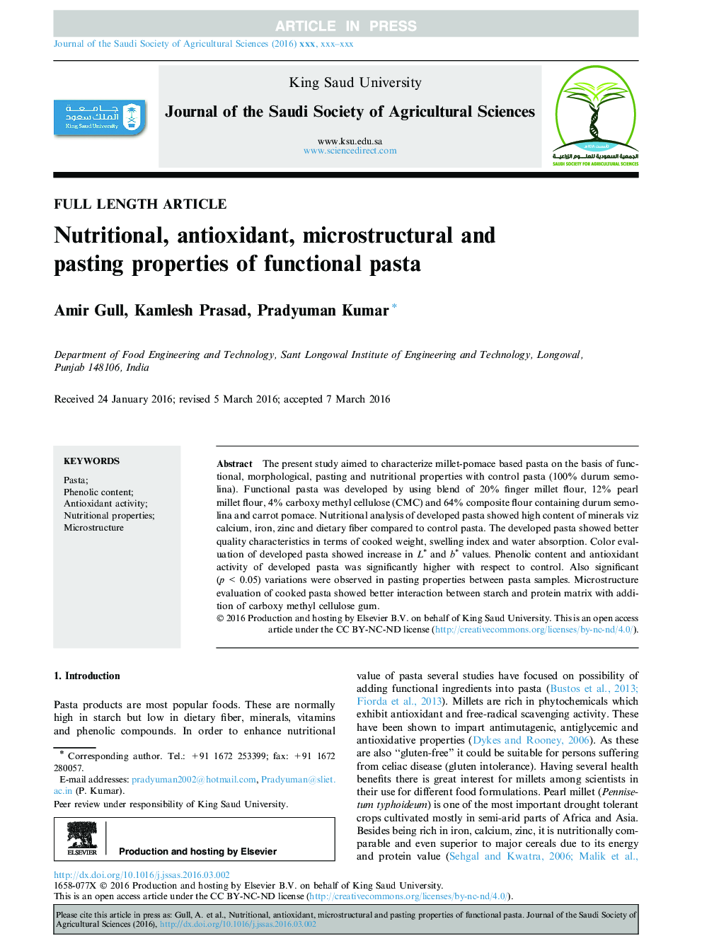 Nutritional, antioxidant, microstructural and pasting properties of functional pasta