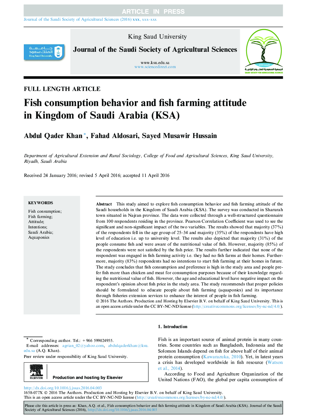 Fish consumption behavior and fish farming attitude in Kingdom of Saudi Arabia (KSA)