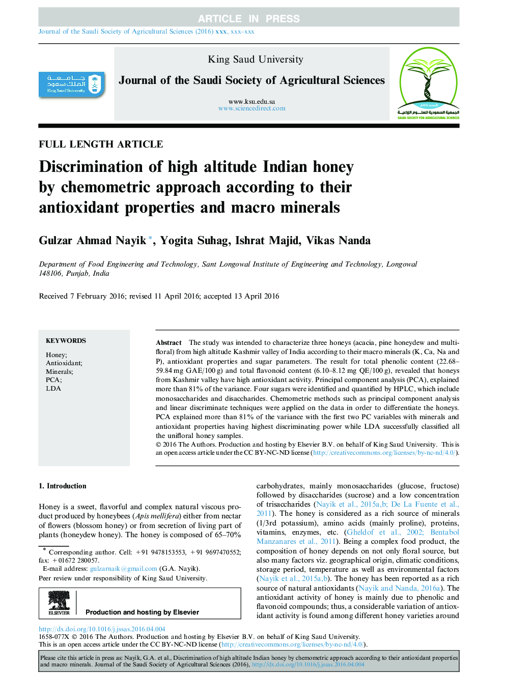 Discrimination of high altitude Indian honey by chemometric approach according to their antioxidant properties and macro minerals