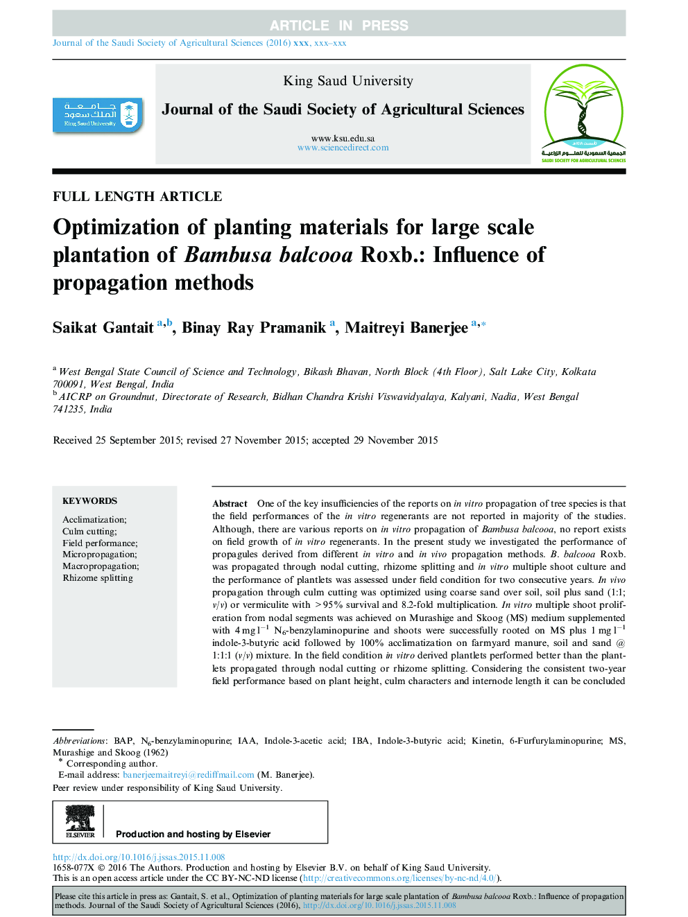 Optimization of planting materials for large scale plantation of Bambusa balcooa Roxb.: Influence of propagation methods