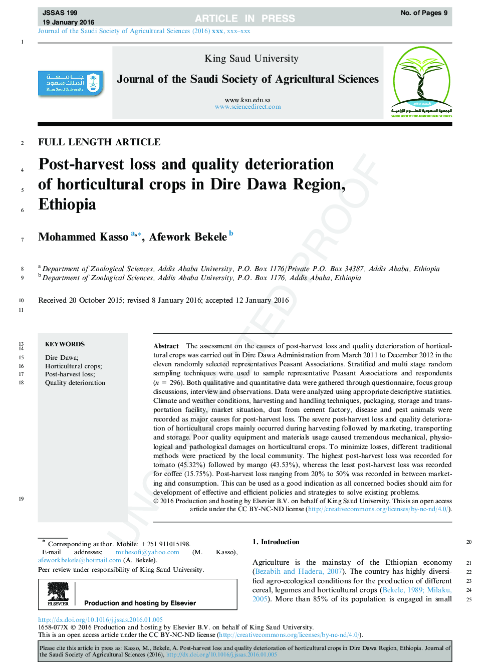 Post-harvest loss and quality deterioration of horticultural crops in Dire Dawa Region, Ethiopia