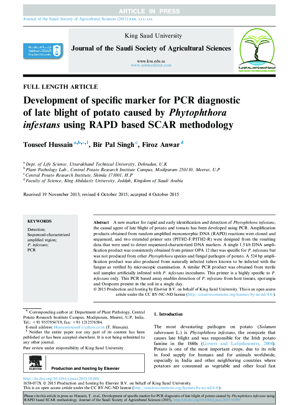 Development of specific marker for PCR diagnostic of late blight of potato caused by Phytophthora infestans using RAPD based SCAR methodology