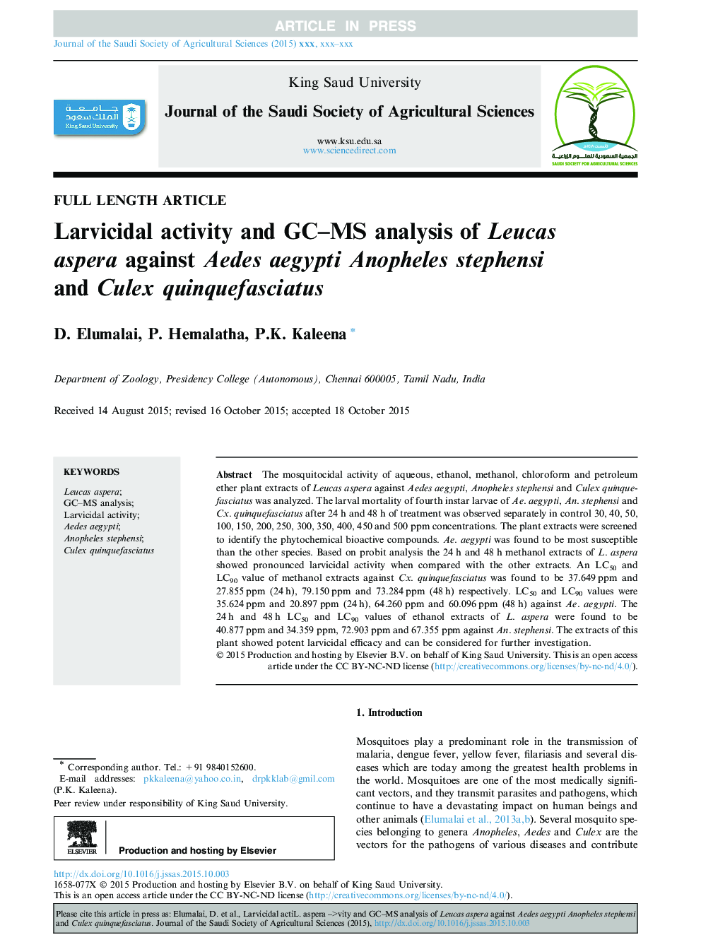 Larvicidal activity and GC-MS analysis of Leucas aspera against Aedes aegypti Anopheles stephensi and Culex quinquefasciatus