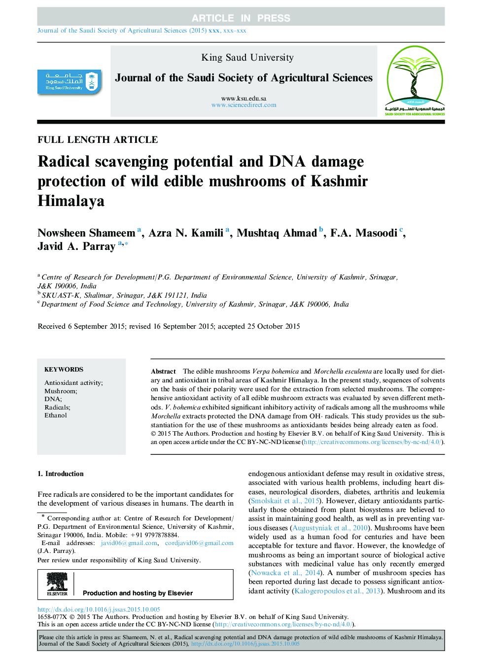 Radical scavenging potential and DNA damage protection of wild edible mushrooms of Kashmir Himalaya