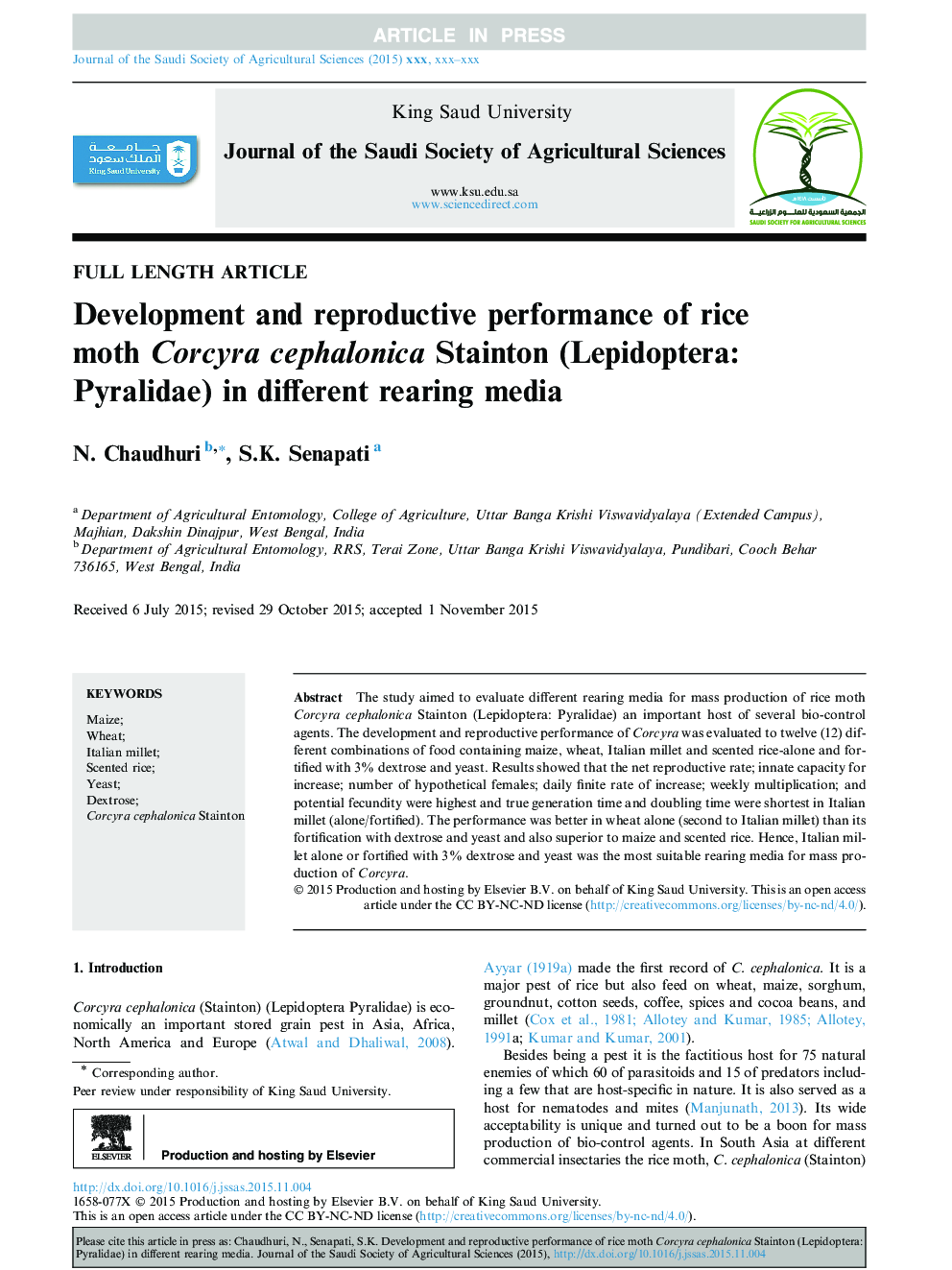 Development and reproductive performance of rice moth Corcyra cephalonica Stainton (Lepidoptera: Pyralidae) in different rearing media