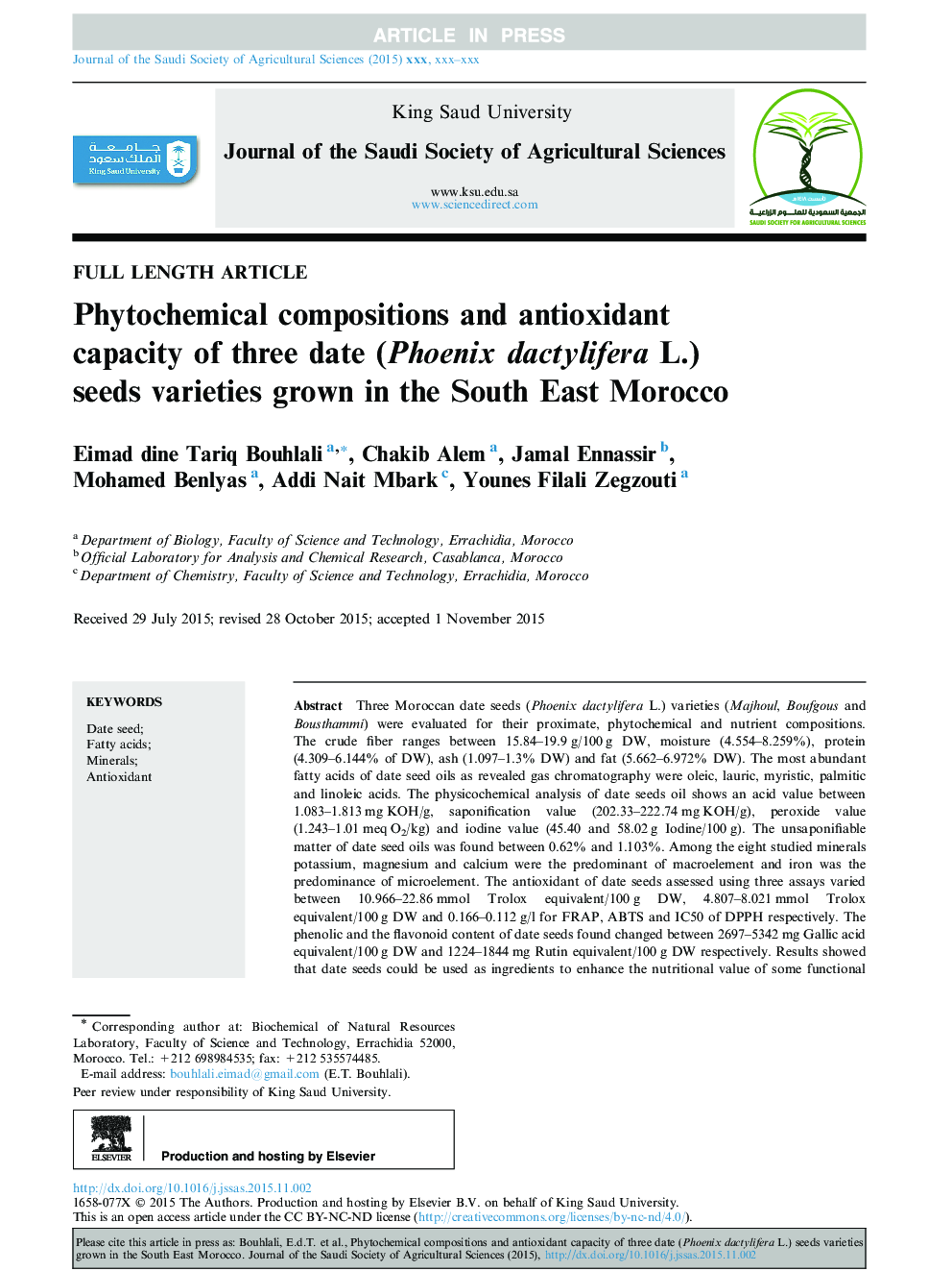 Phytochemical compositions and antioxidant capacity of three date (Phoenix dactylifera L.) seeds varieties grown in the South East Morocco