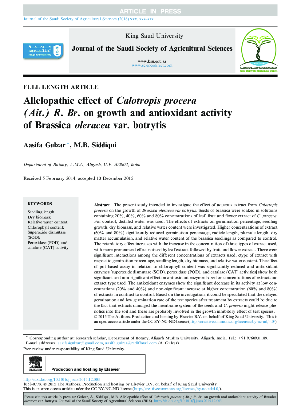 Allelopathic effect of Calotropis procera (Ait.) R. Br. on growth and antioxidant activity of Brassica oleracea var. botrytis