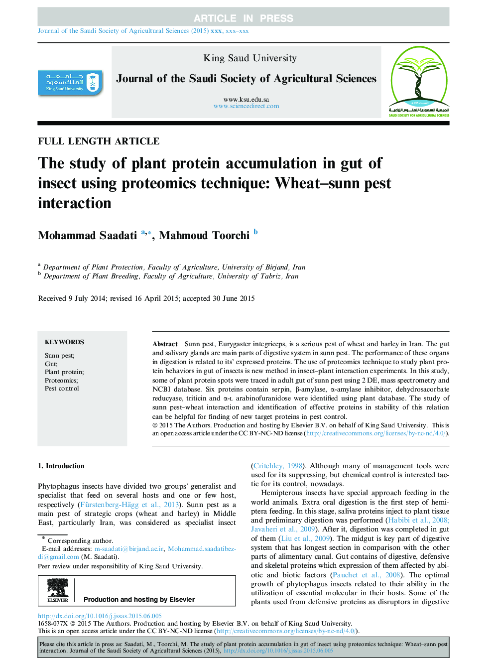 The study of plant protein accumulation in gut of insect using proteomics technique: Wheat-sunn pest interaction