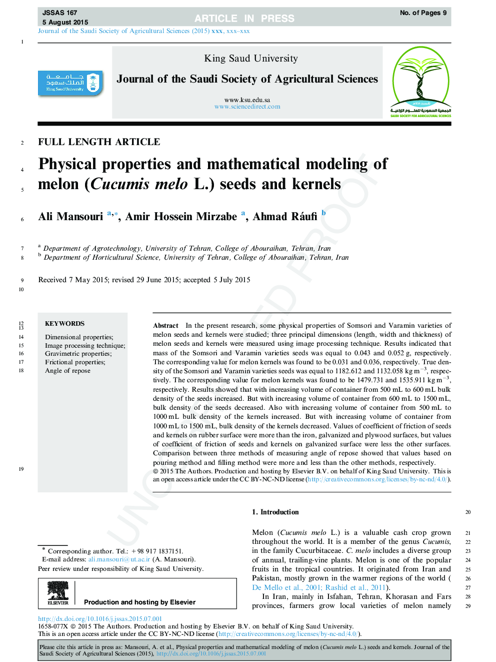 Physical properties and mathematical modeling of melon (Cucumis melo L.) seeds and kernels