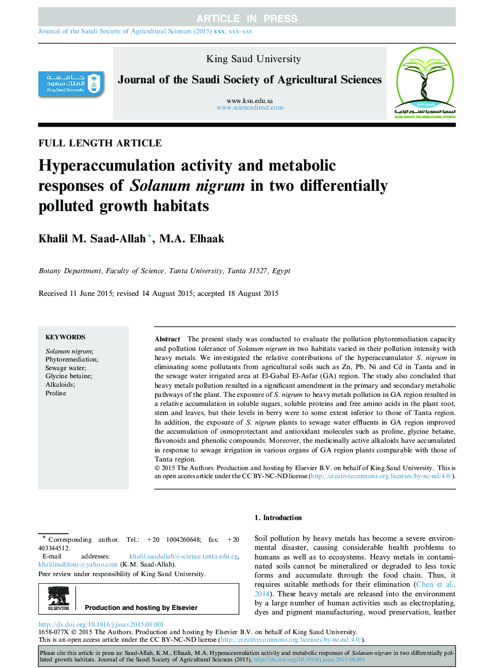 Hyperaccumulation activity and metabolic responses of Solanum nigrum in two differentially polluted growth habitats