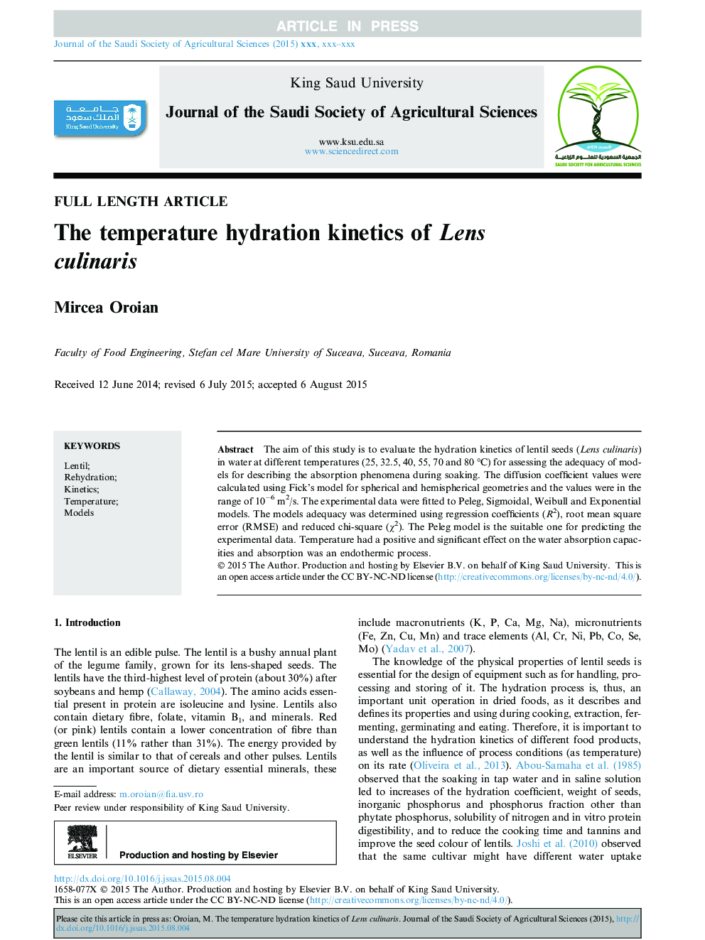 The temperature hydration kinetics of Lens culinaris