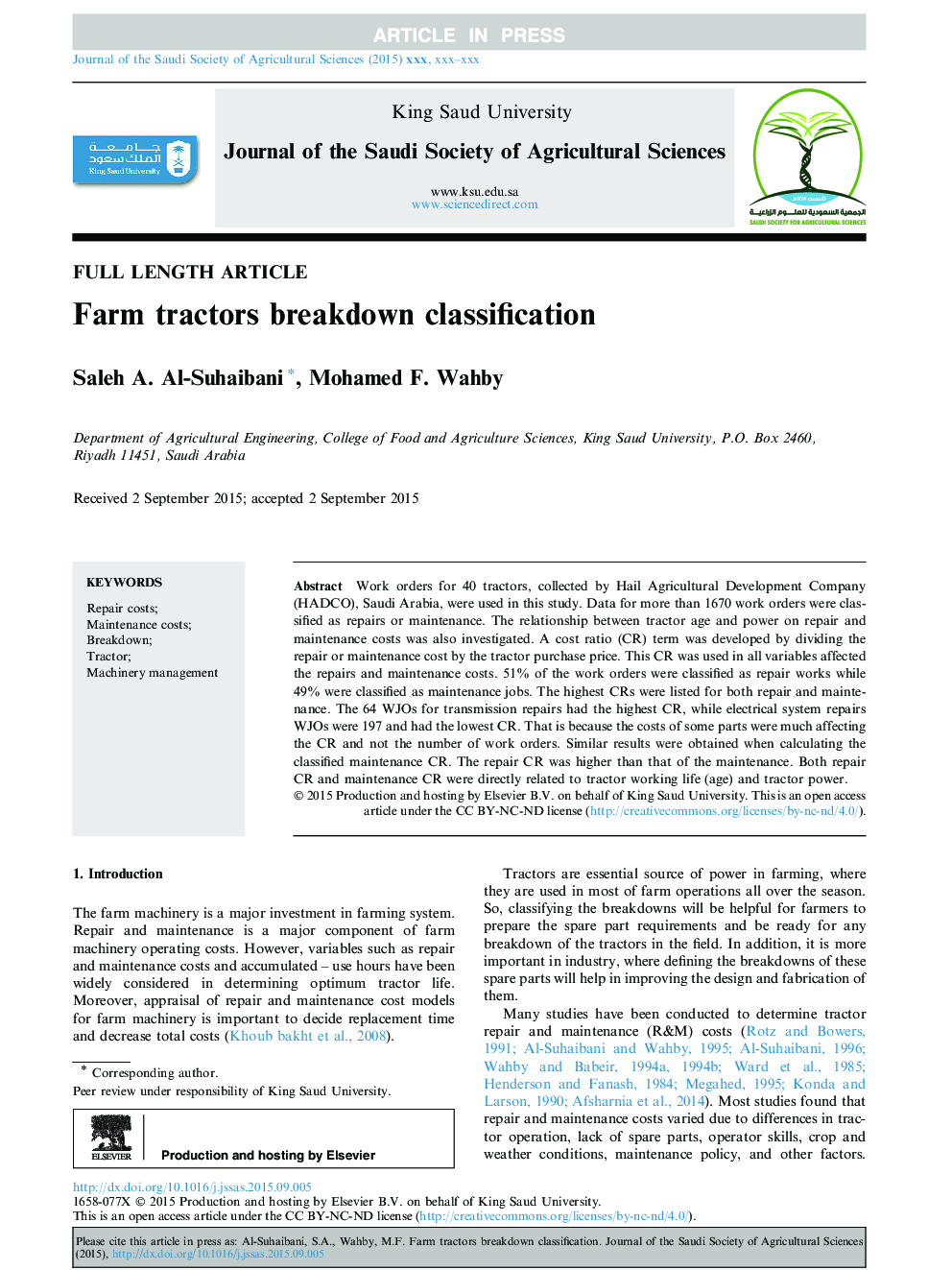 Farm tractors breakdown classification