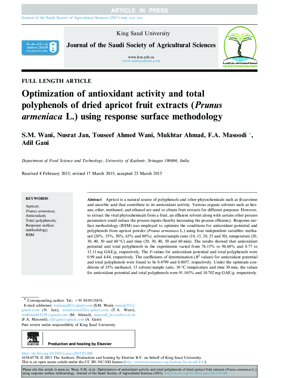 Optimization of antioxidant activity and total polyphenols of dried apricot fruit extracts (Prunus armeniaca L.) using response surface methodology
