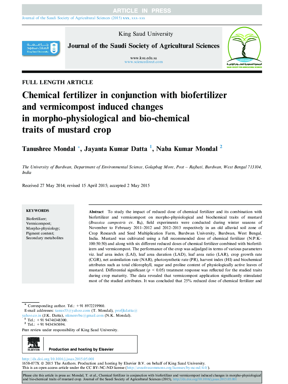 Chemical fertilizer in conjunction with biofertilizer and vermicompost induced changes in morpho-physiological and bio-chemical traits of mustard crop