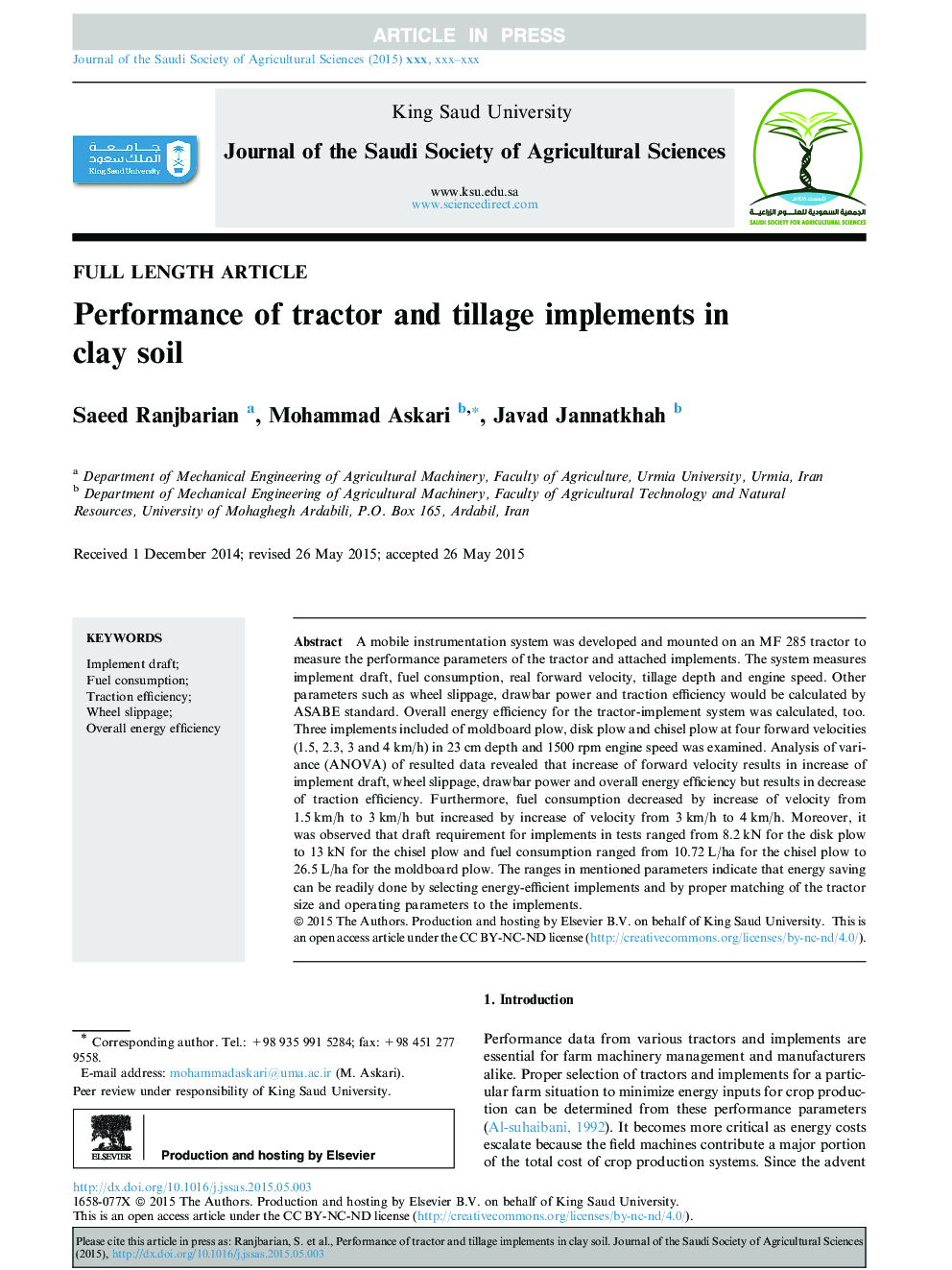 Performance of tractor and tillage implements in clay soil