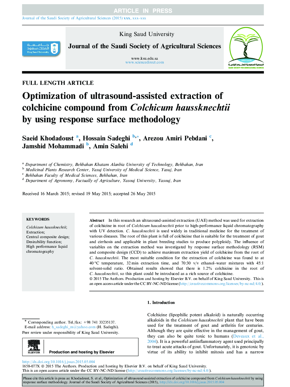 Optimization of ultrasound-assisted extraction of colchicine compound from Colchicum haussknechtii by using response surface methodology