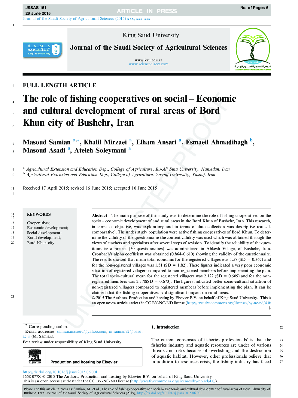 The role of fishing cooperatives on social - Economic and cultural development of rural areas of Bord Khun city of Bushehr, Iran