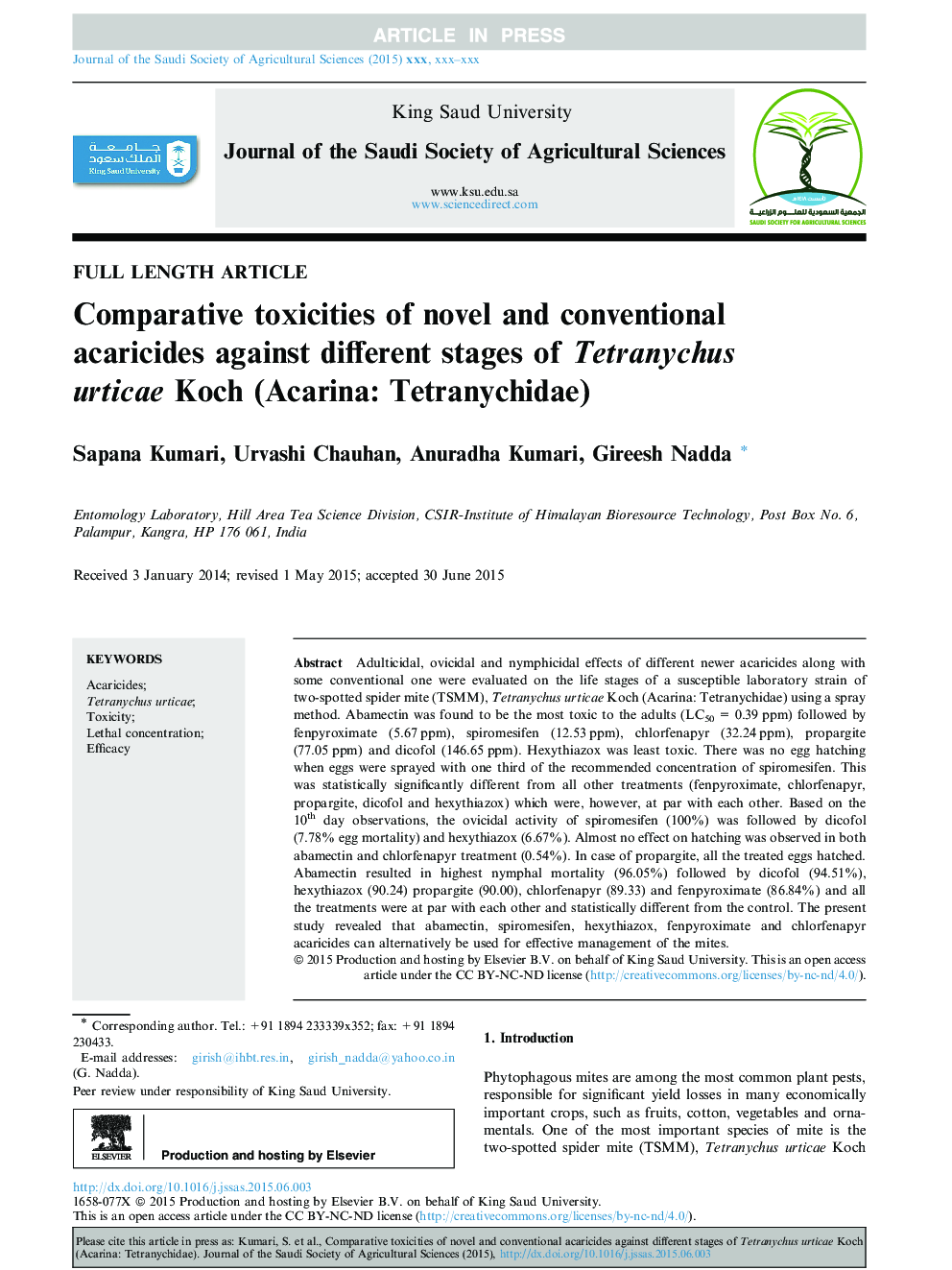 Comparative toxicities of novel and conventional acaricides against different stages of Tetranychus urticae Koch (Acarina: Tetranychidae)