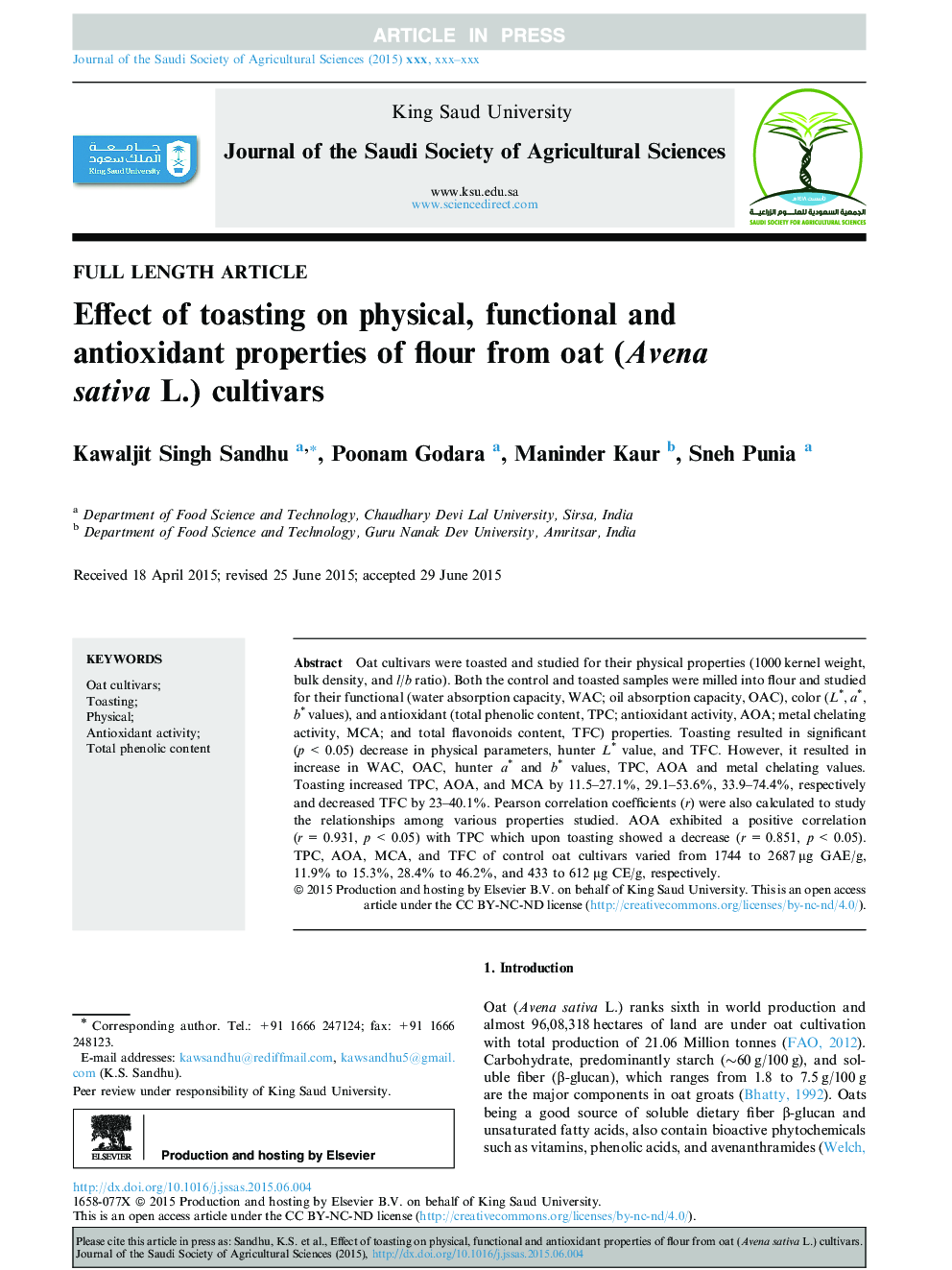 Effect of toasting on physical, functional and antioxidant properties of flour from oat (Avena sativa L.) cultivars