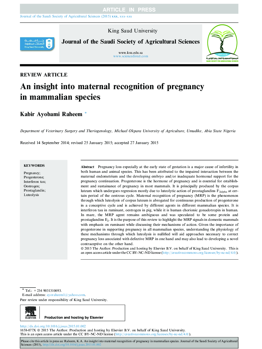 An insight into maternal recognition of pregnancy in mammalian species