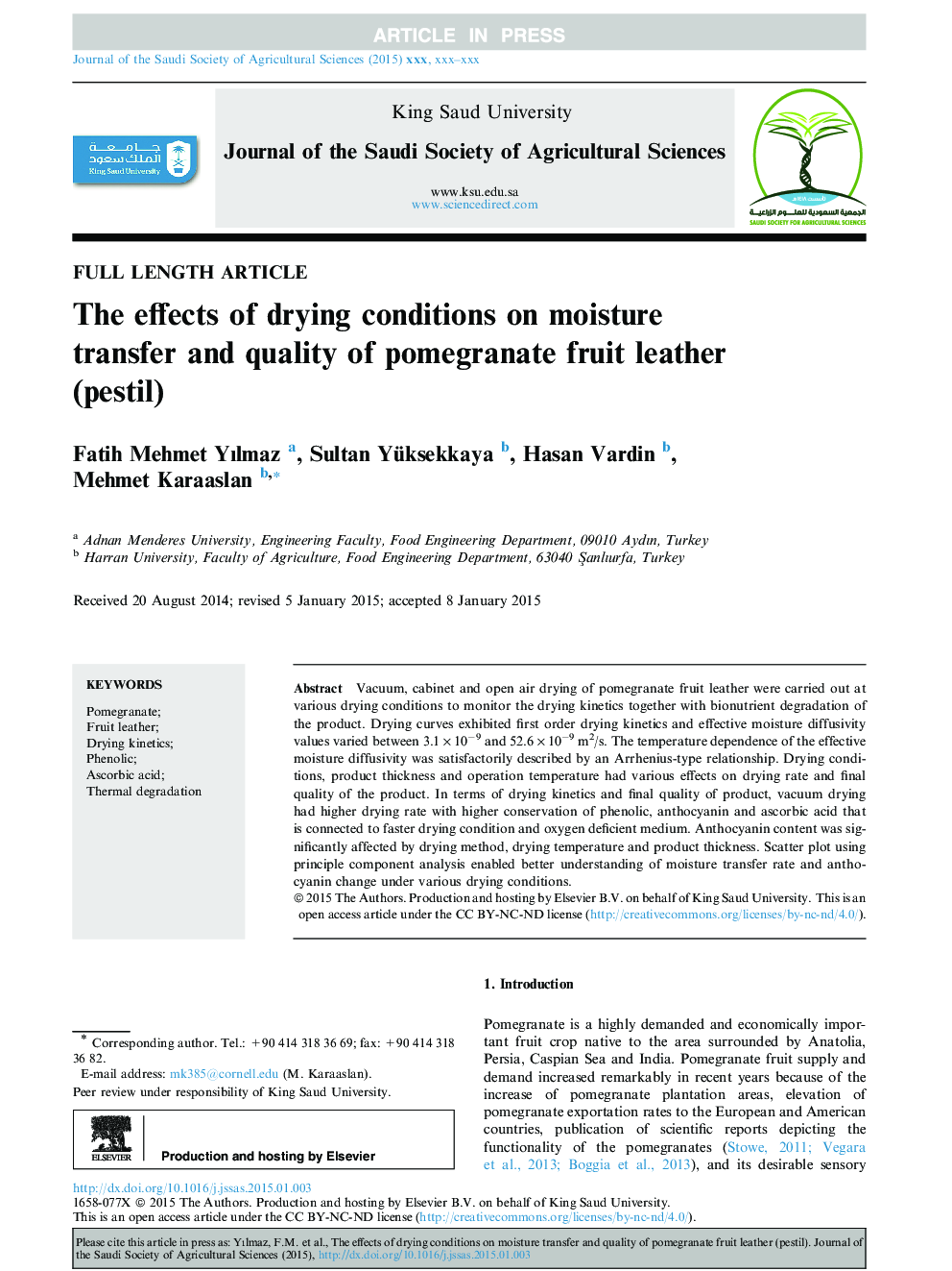 The effects of drying conditions on moisture transfer and quality of pomegranate fruit leather (pestil)