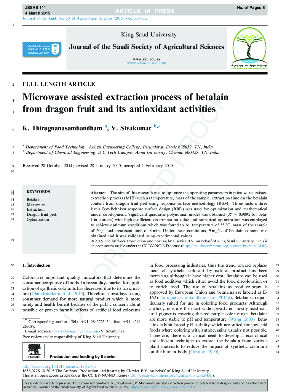 Microwave assisted extraction process of betalain from dragon fruit and its antioxidant activities