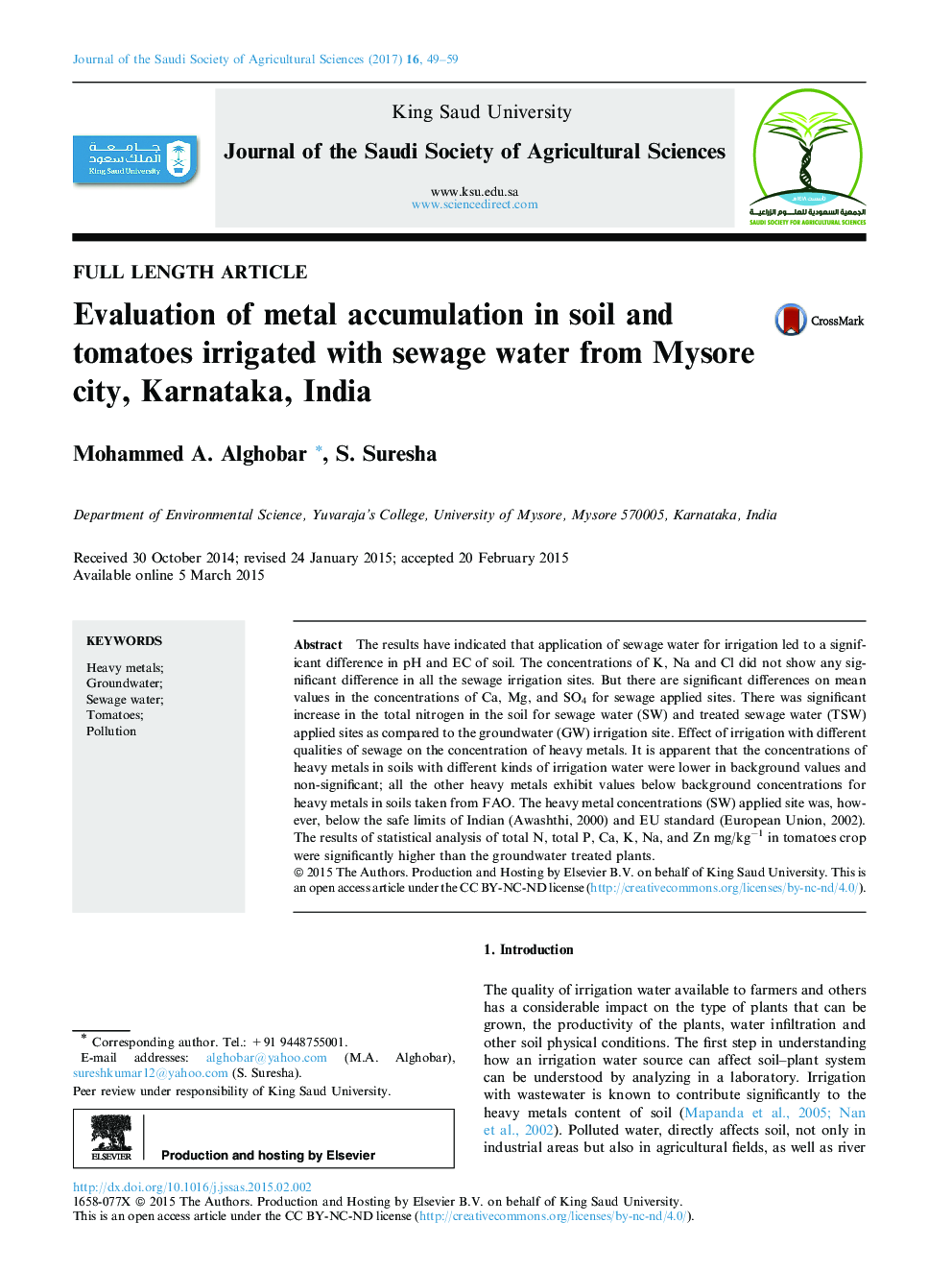Evaluation of metal accumulation in soil and tomatoes irrigated with sewage water from Mysore city, Karnataka, India