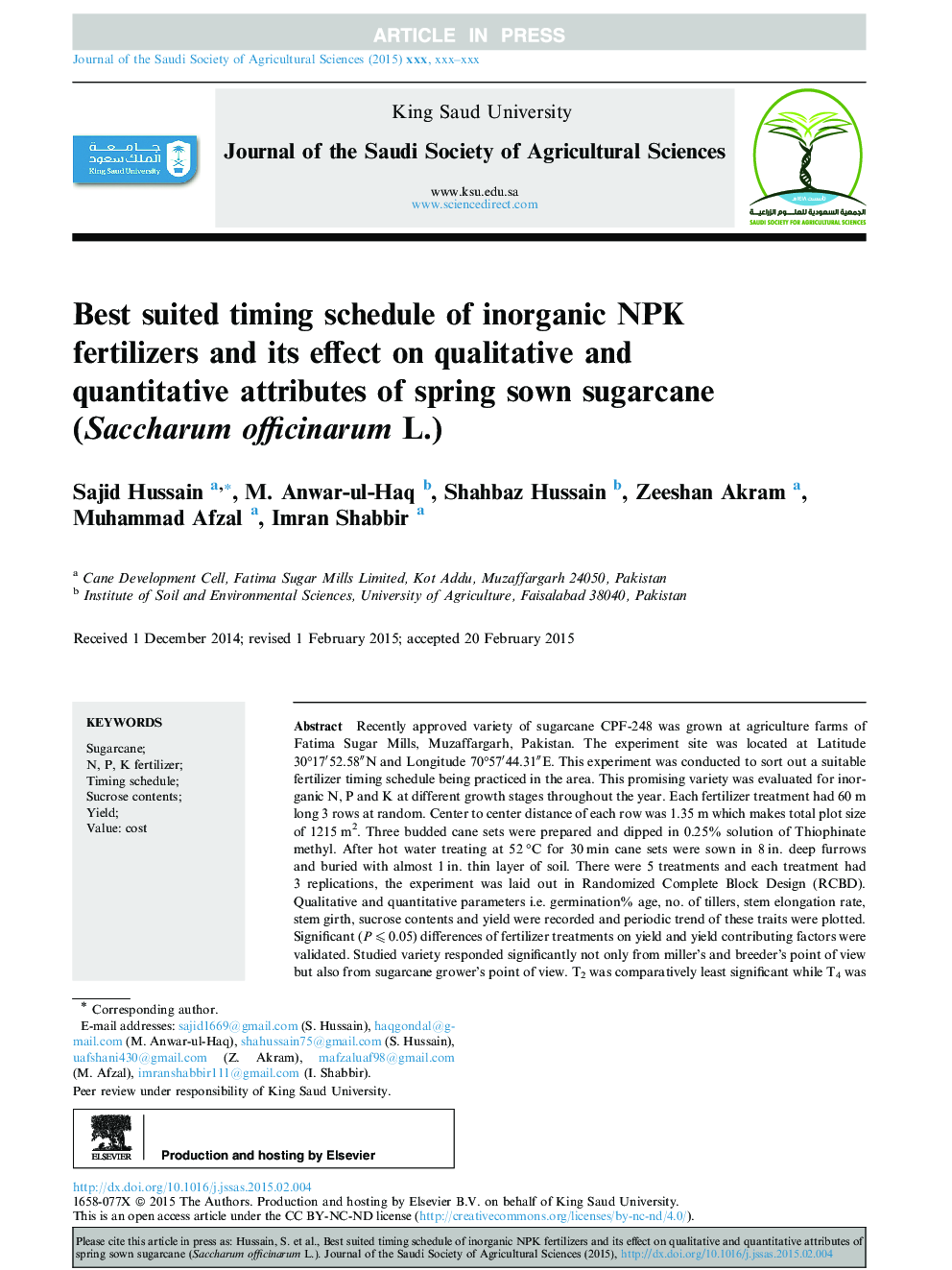 Best suited timing schedule of inorganic NPK fertilizers and its effect on qualitative and quantitative attributes of spring sown sugarcane (Saccharum officinarum L.)