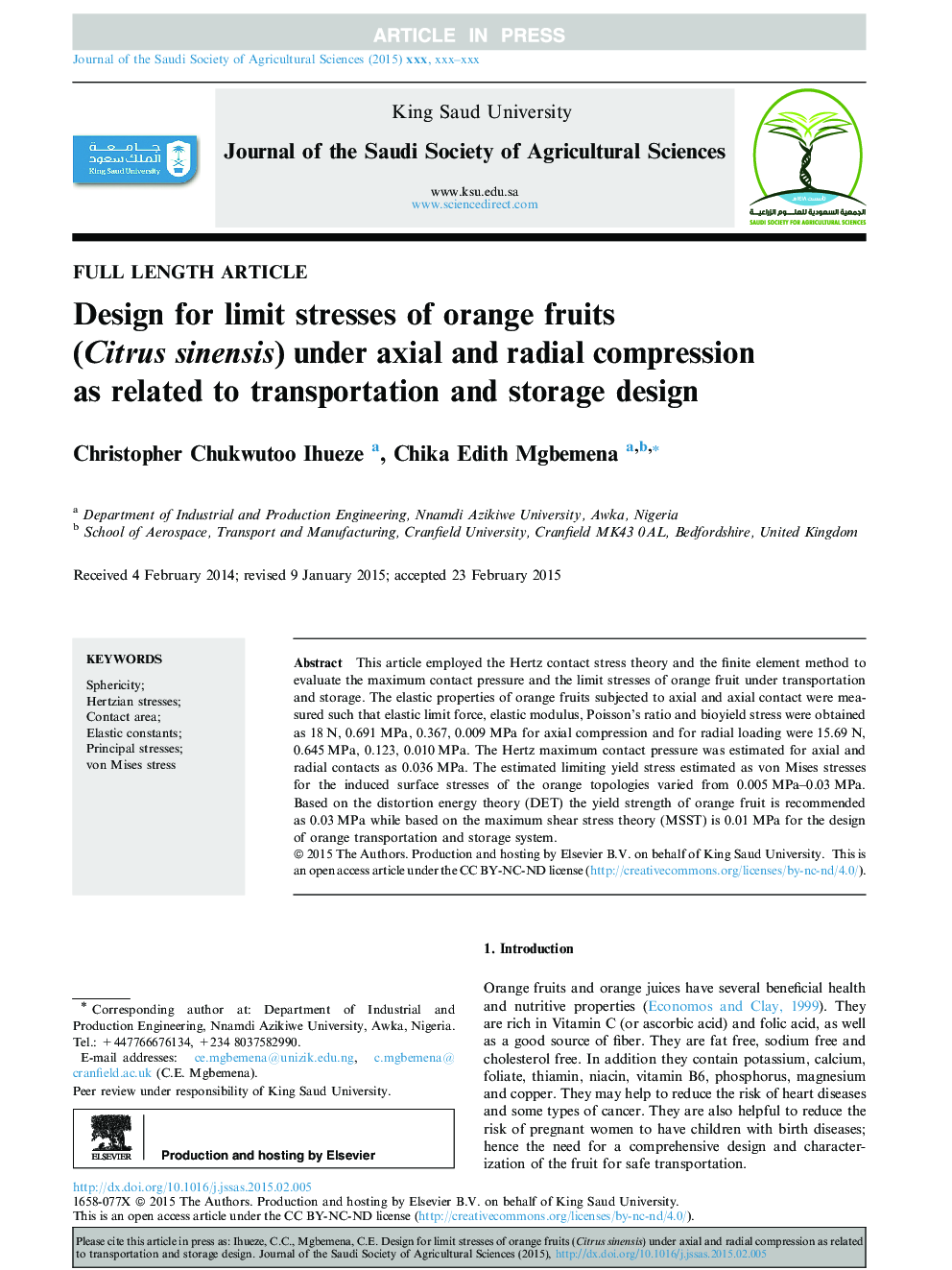 Design for limit stresses of orange fruits (Citrus sinensis) under axial and radial compression as related to transportation and storage design