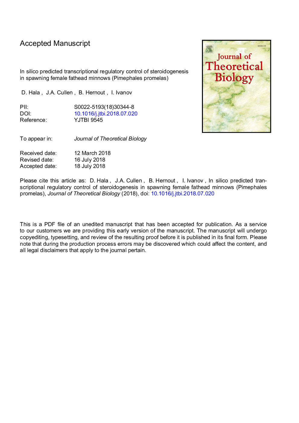 In silico predicted transcriptional regulatory control of steroidogenesis in spawning female fathead minnows (Pimephales promelas)