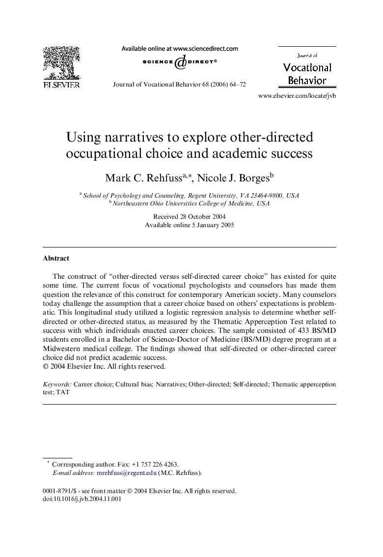 Using narratives to explore other-directed occupational choice and academic success