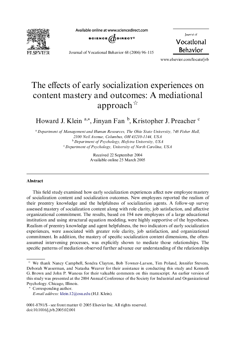The effects of early socialization experiences on content mastery and outcomes: A mediational approach 
