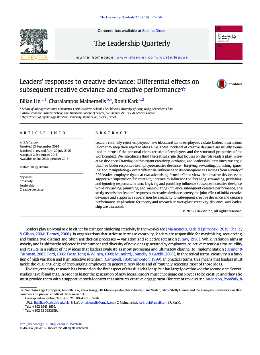 Leaders' responses to creative deviance: Differential effects on subsequent creative deviance and creative performance 