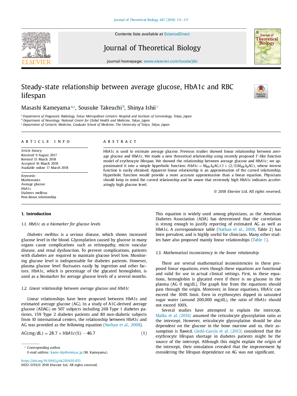 Steady-state relationship between average glucose, HbA1c and RBC lifespan