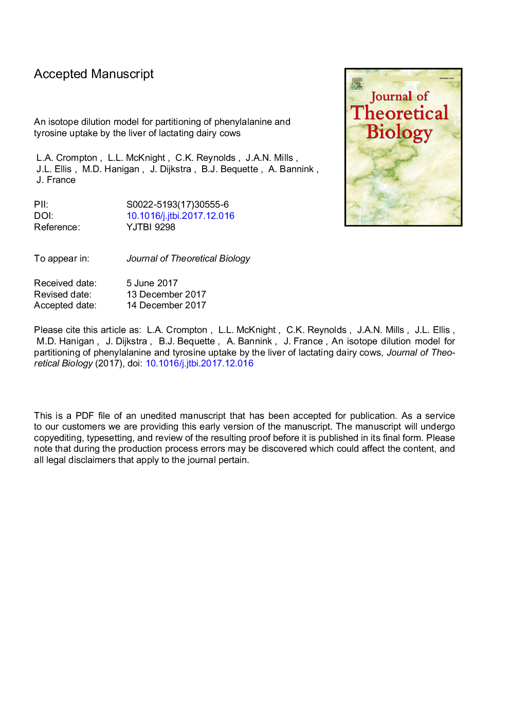 An isotope dilution model for partitioning of phenylalanine and tyrosine uptake by the liver of lactating dairy cows