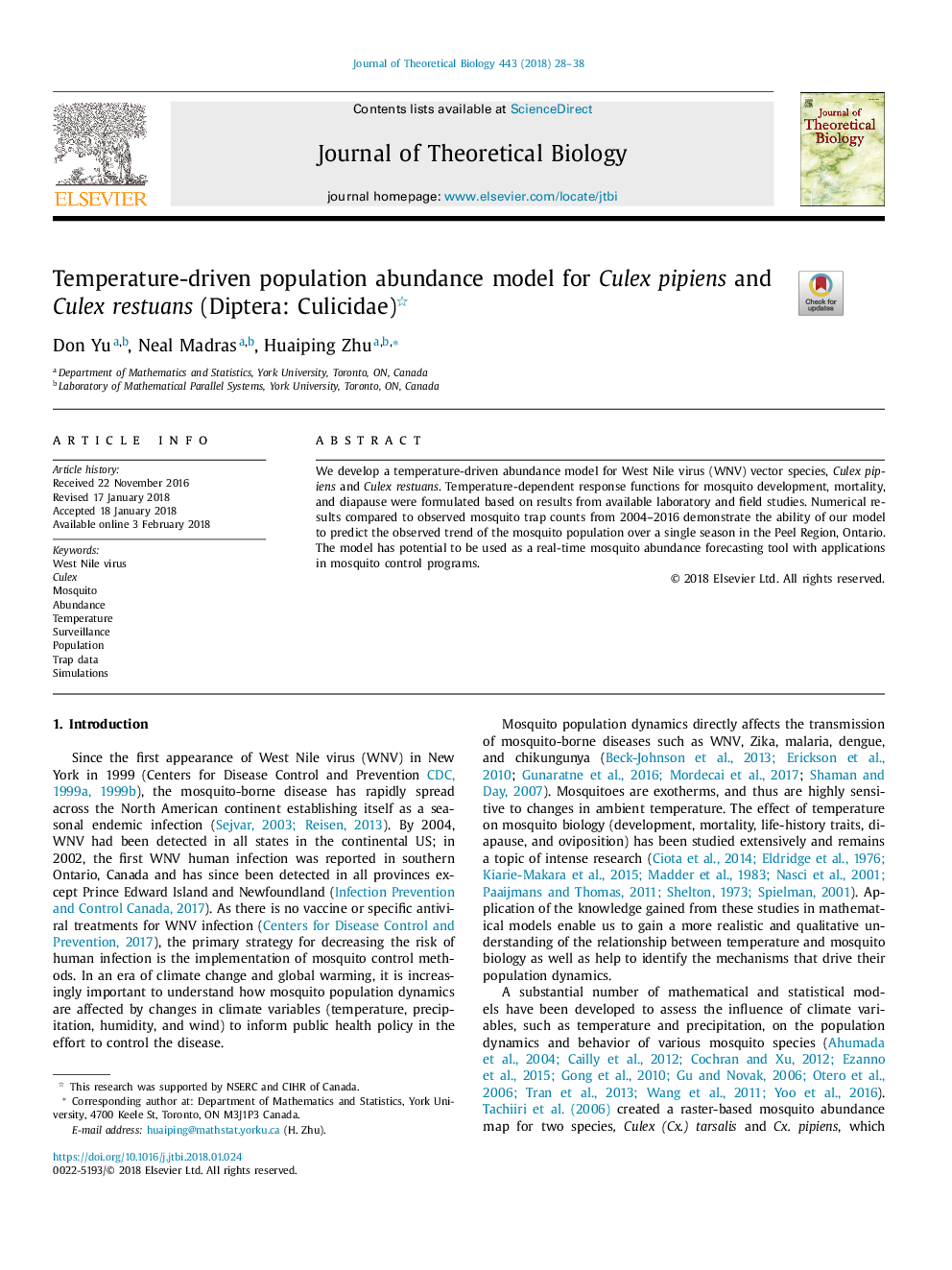 Temperature-driven population abundance model for Culex pipiens and Culex restuans (Diptera: Culicidae)