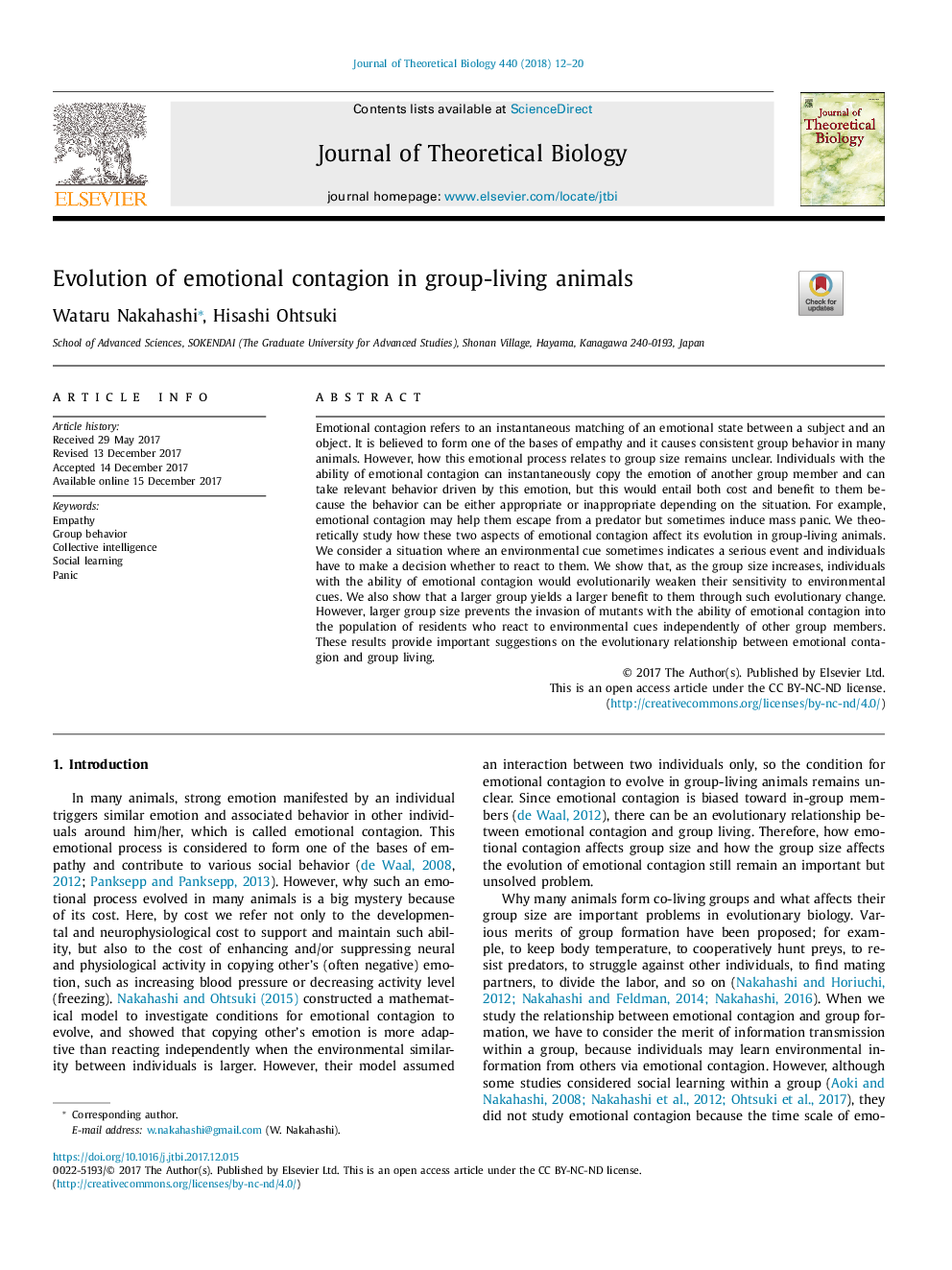 Evolution of emotional contagion in group-living animals