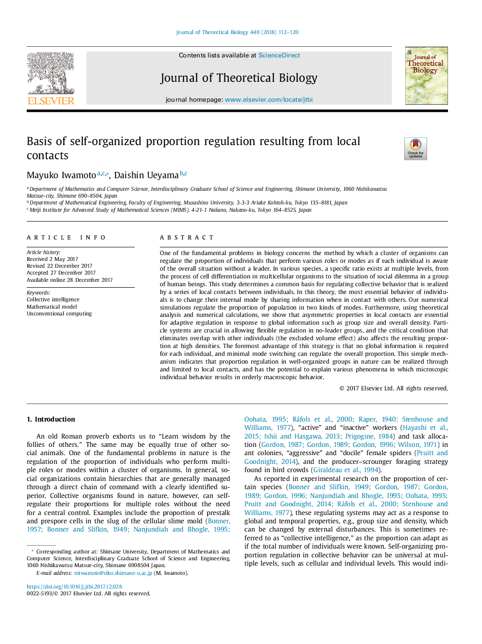 Basis of self-organized proportion regulation resulting from local contacts