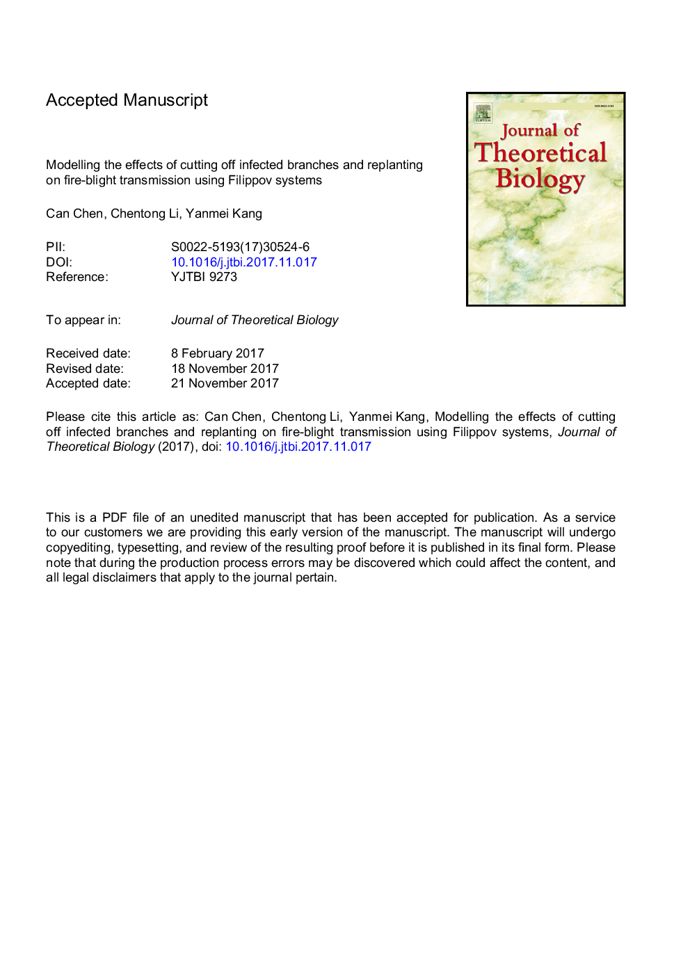 عکس صفحه اول مقاله: Modelling the effects of cutting off infected branches and replanting on fire-blight transmission using Filippov systems Modelling the effects of cutting off infected branches and replanting on fire-blight transmission using Filippov systems