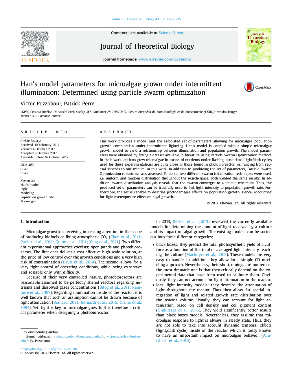 Han's model parameters for microalgae grown under intermittent illumination: Determined using particle swarm optimization