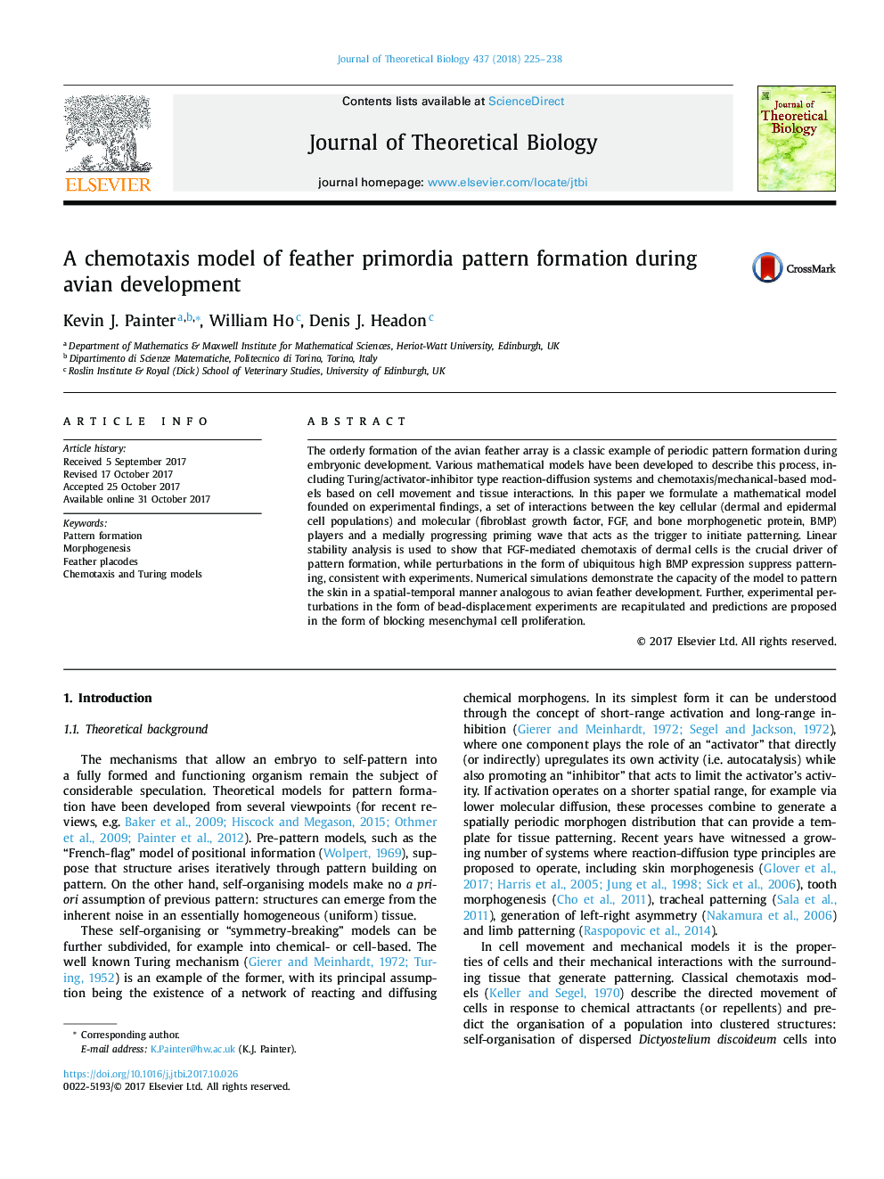 A chemotaxis model of feather primordia pattern formation during avian development