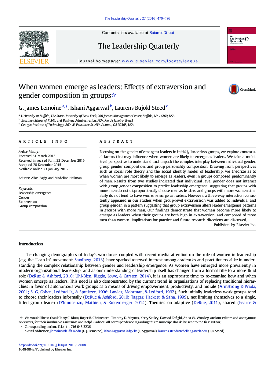 When women emerge as leaders: Effects of extraversion and gender composition in groups 