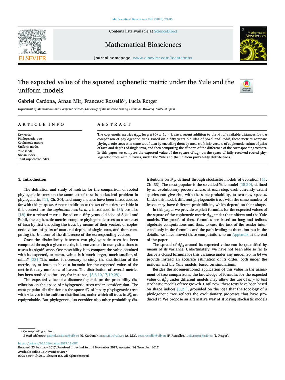 The expected value of the squared cophenetic metric under the Yule and the uniform models