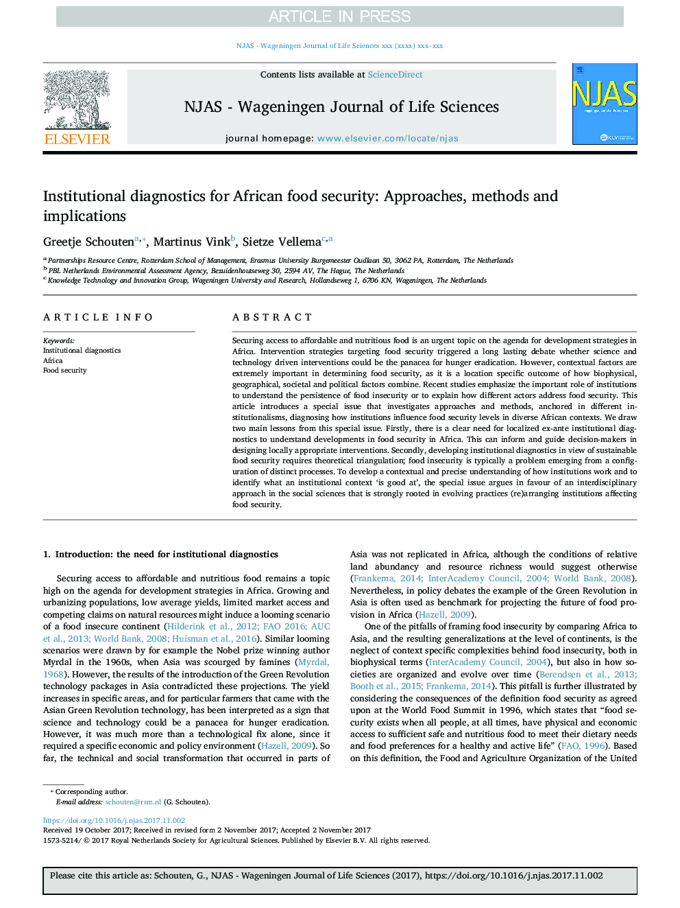 Institutional diagnostics for African food security: Approaches, methods and implications