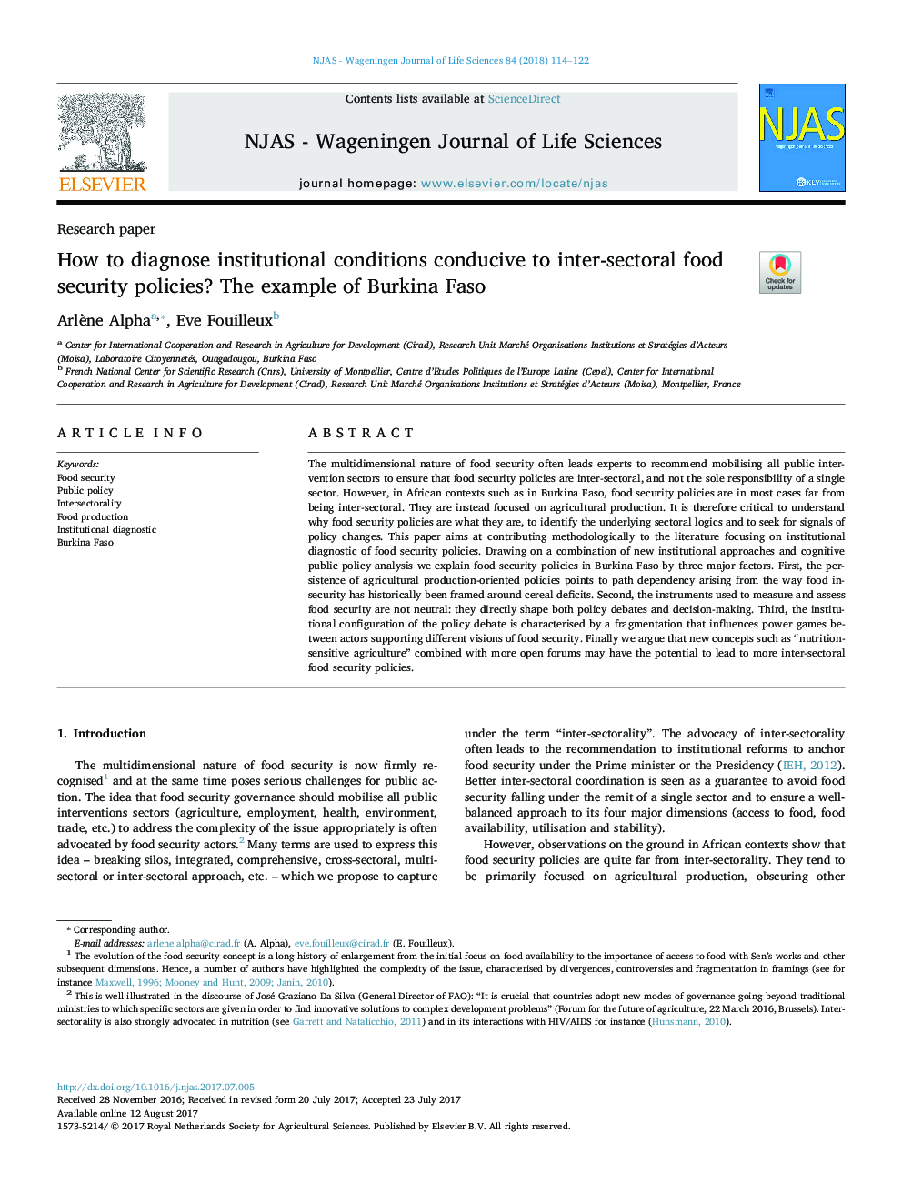 How to diagnose institutional conditions conducive to inter-sectoral food security policies? The example of Burkina Faso